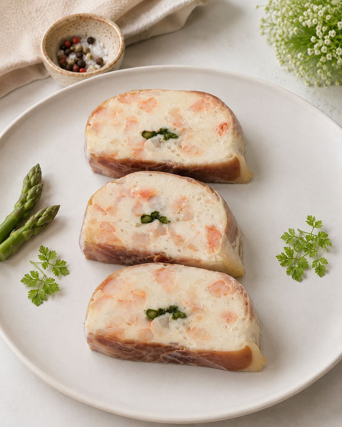 Tournedos de gambas, brochet aux pointes d'asperges en chemise de jambon affiné